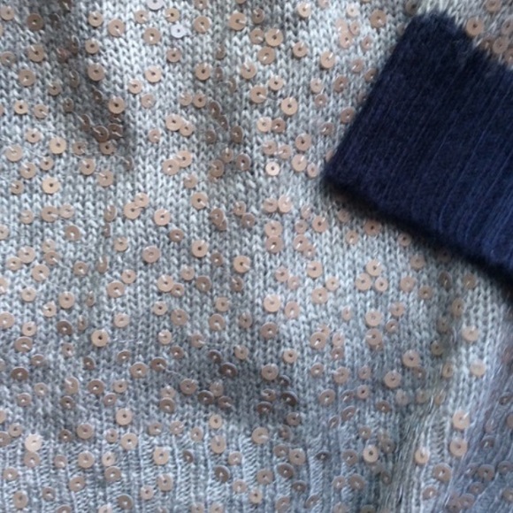 J. Crew Scattered Sequin Sweater Gray with Navy trim sz M EUC - Picture 5 of 6